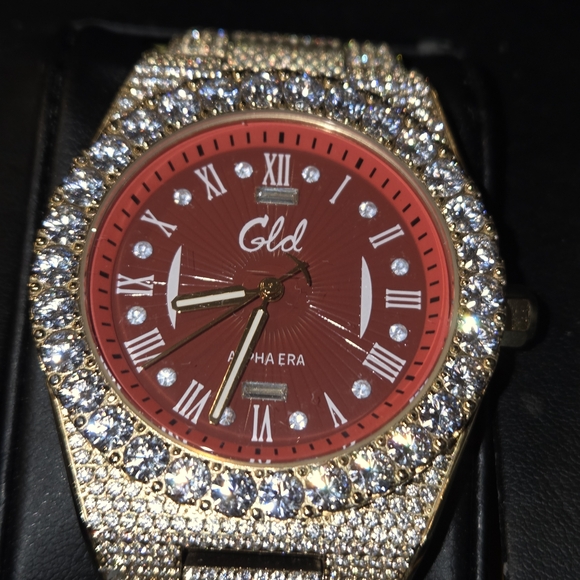 GLD Gold Iced Out 42MM Fully Iced Alpha Era® w/Diamond Prong Link Band /Red Face - Picture 10 of 12
